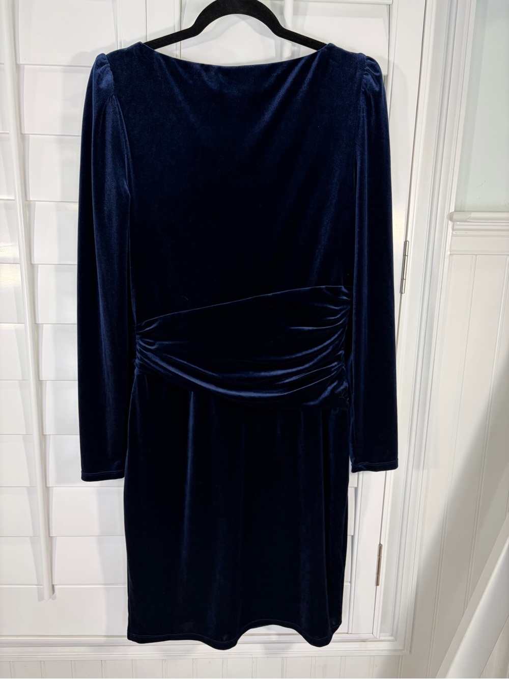 NWT LRL Navy Velvet Long-Sleeve Ruched Evening Sheath Dress (10) - Picture 7 of 16